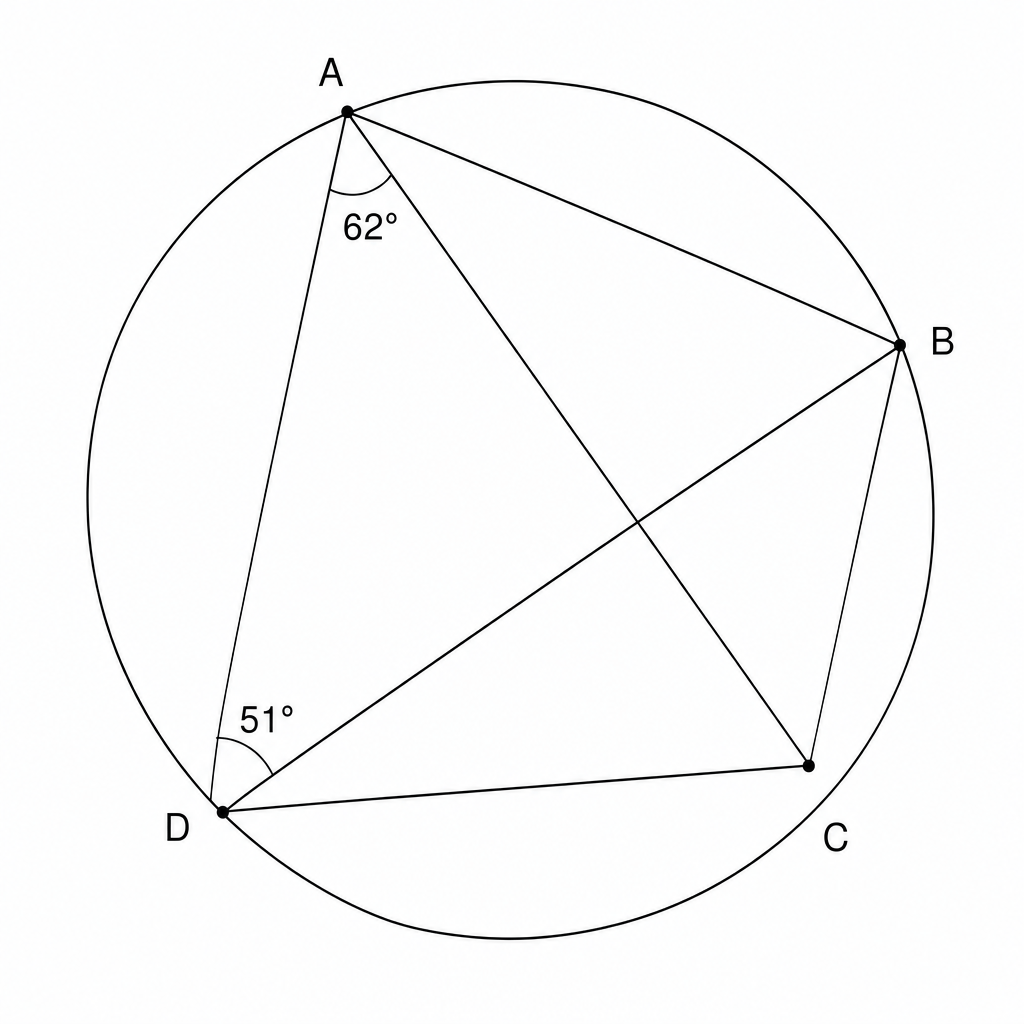 Diagram for Question 4: A circle with points A, B, C, and D on its circumference. Chords AC, AD, BD, and BC are drawn. Angle CAD is labeled as 62 degrees and angle ADB is labeled as 51 degrees.