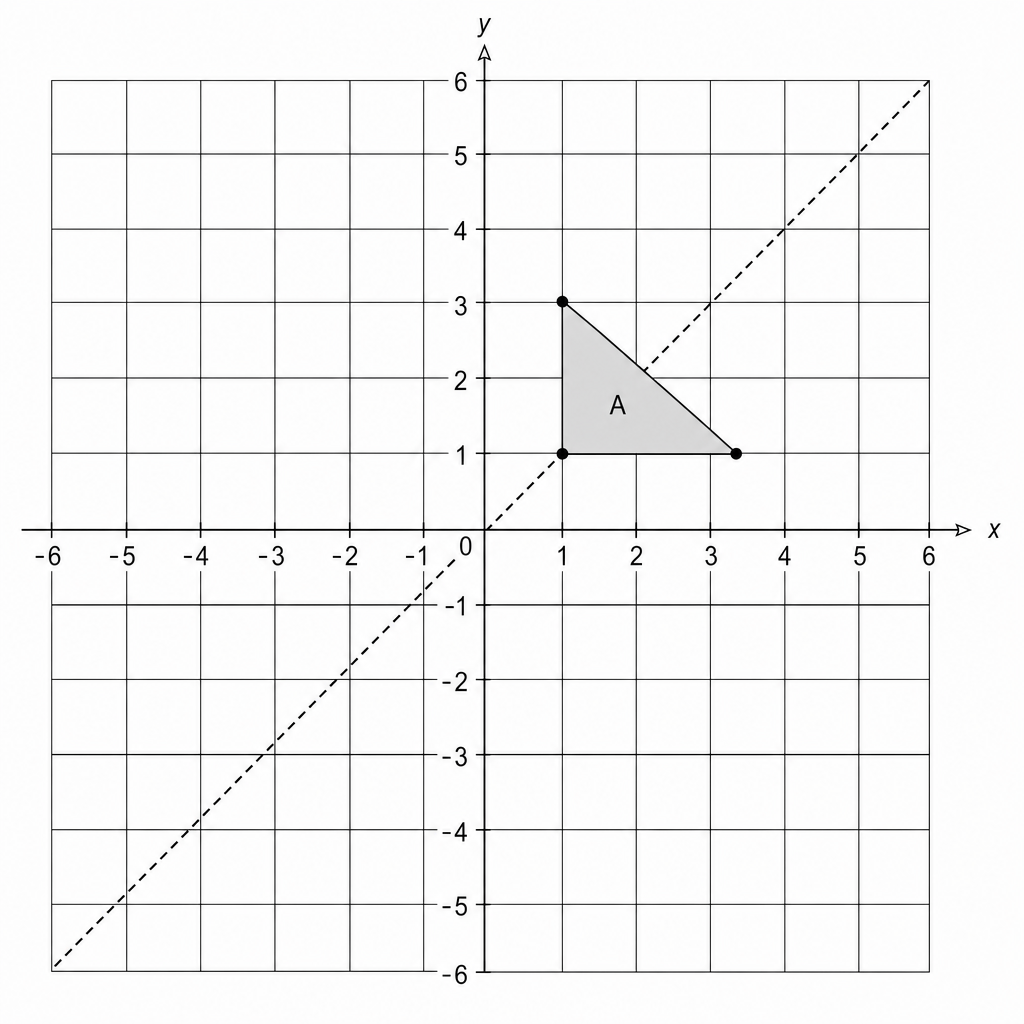 A coordinate grid with x and y axes. A shaded triangle labeled 'A' is plotted.
