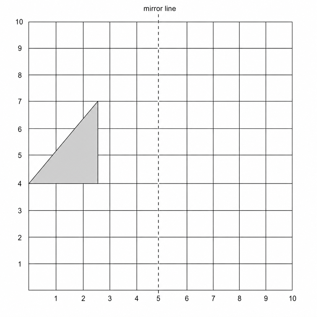 A 10x10 grid with a vertical dashed line labeled 'mirror line' in the center. A shaded right-angled triangle is located to the left of the line, two units away.