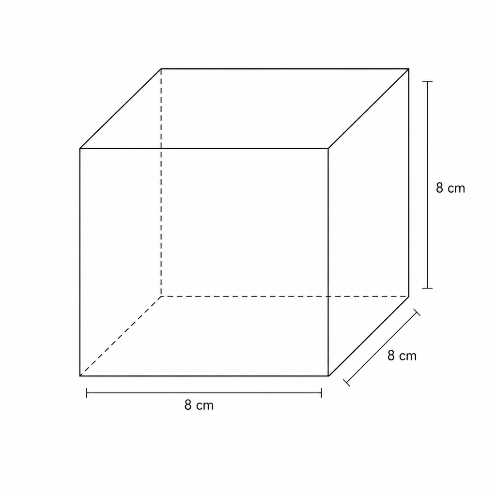 Diagram of a cube with side length 8 cm.