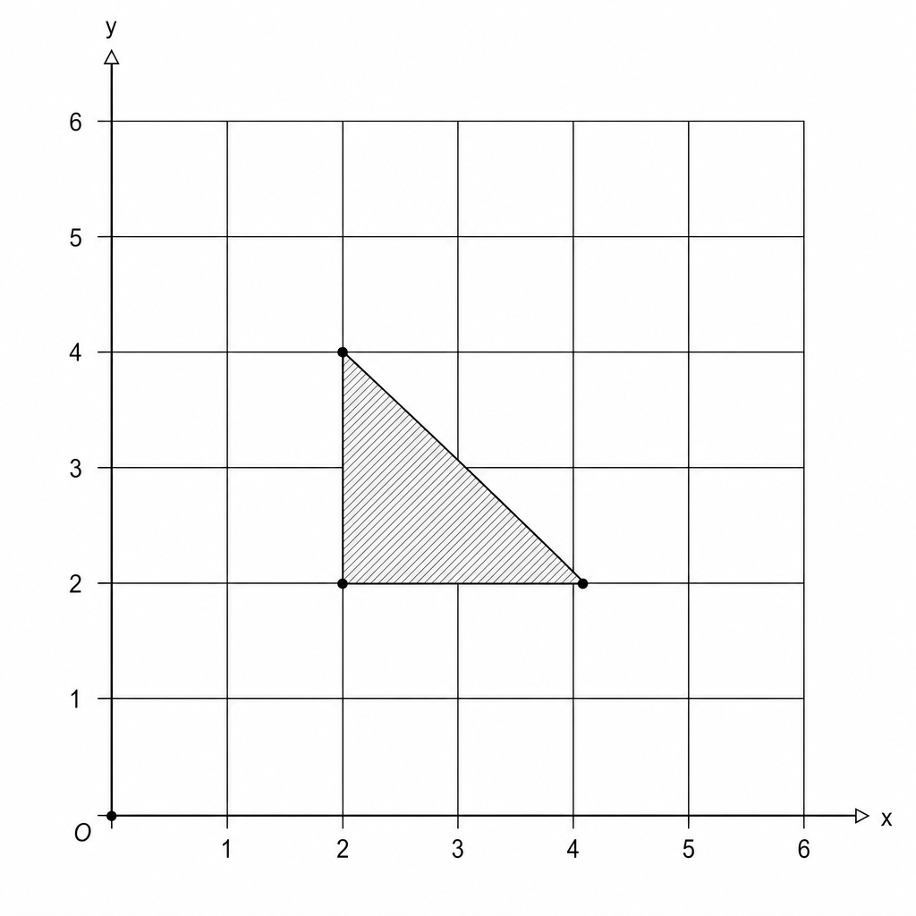 A coordinate grid showing a shaded triangle with vertices at (2, 2), (4, 2), and (2, 4).