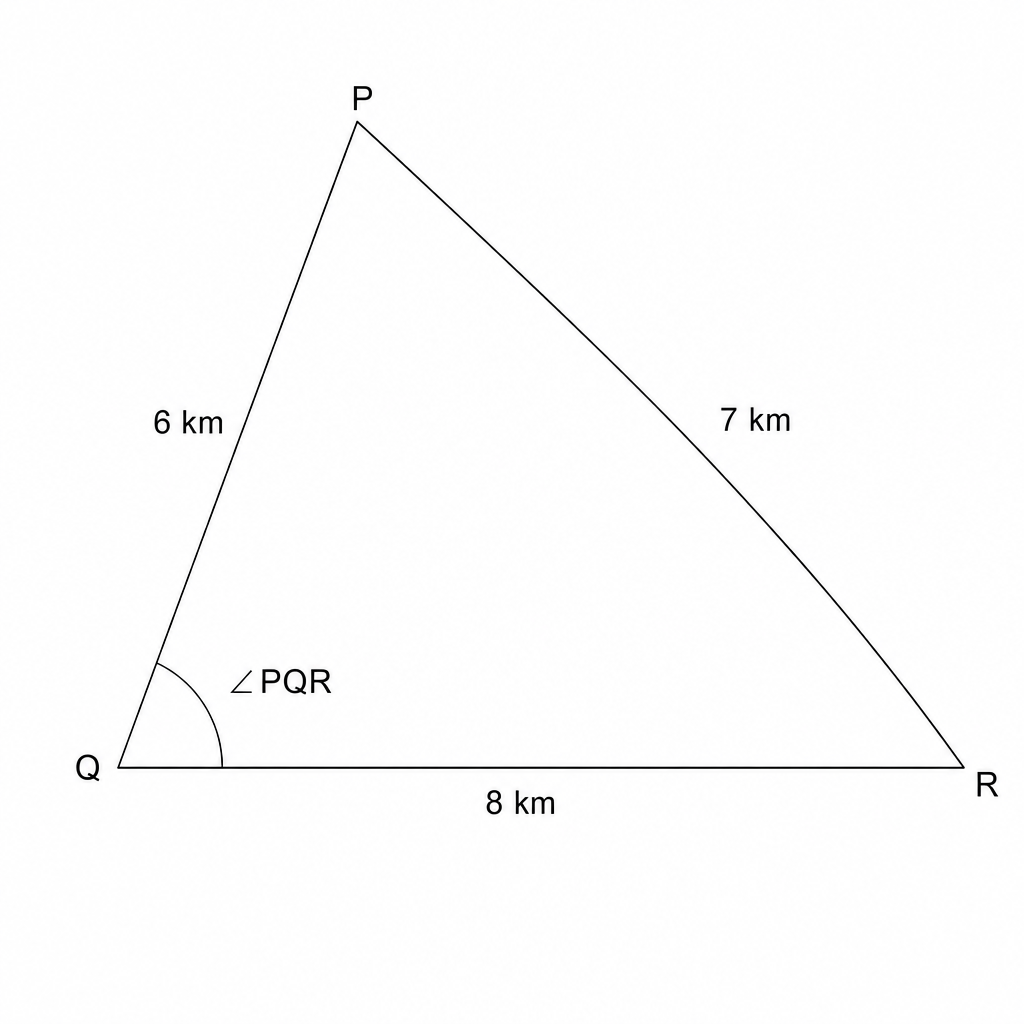 A triangle PQR\, with side lengths PQ = 6\text{ km}, QR = 8\text{ km}, and PR = 7\text{ km}. The angle at vertex Q\, is labeled PQR.