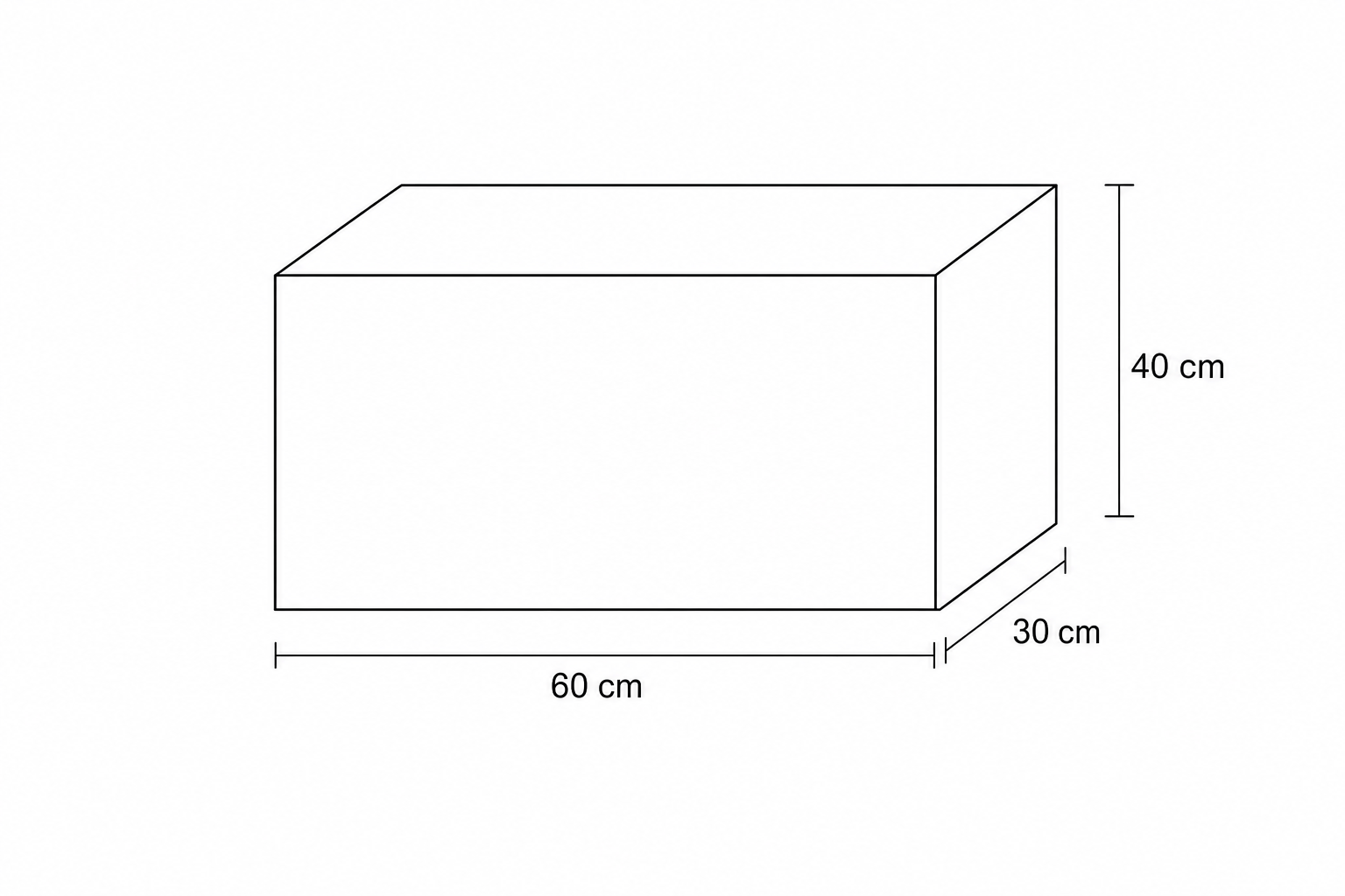 A 3D line drawing of a cuboid representing a box.
