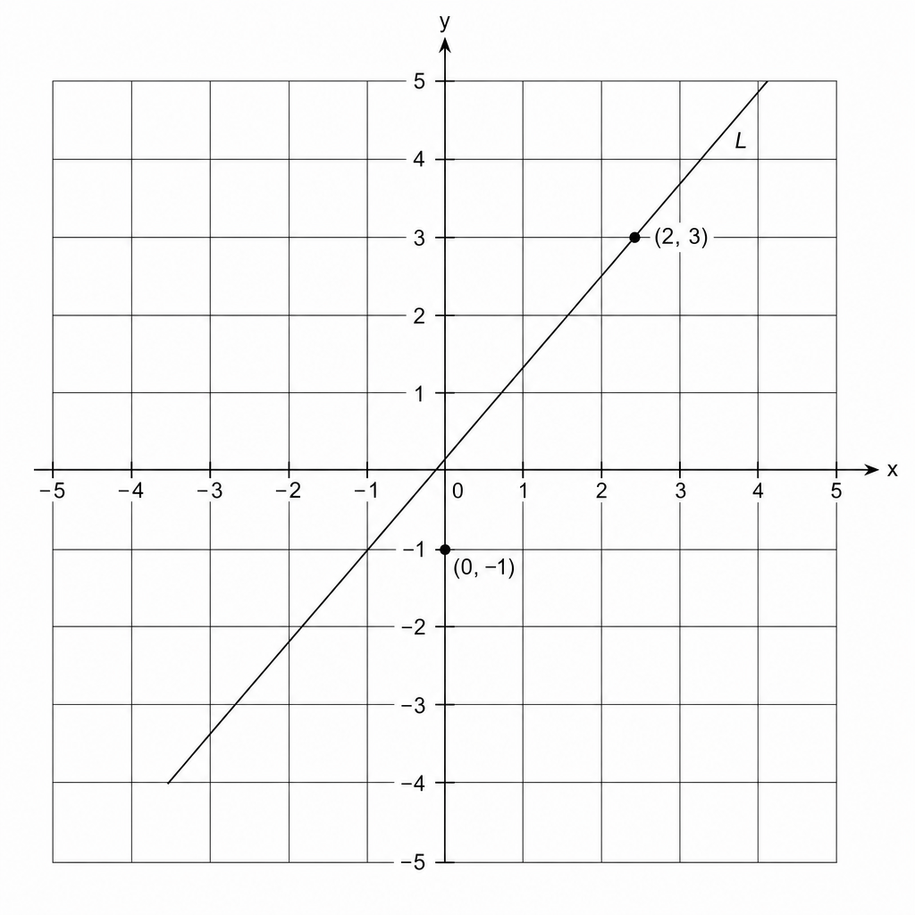 A coordinate grid with x and y axes ranging from -5 to 5. A line L is drawn passing through the points (0, -1) and (2, 3).