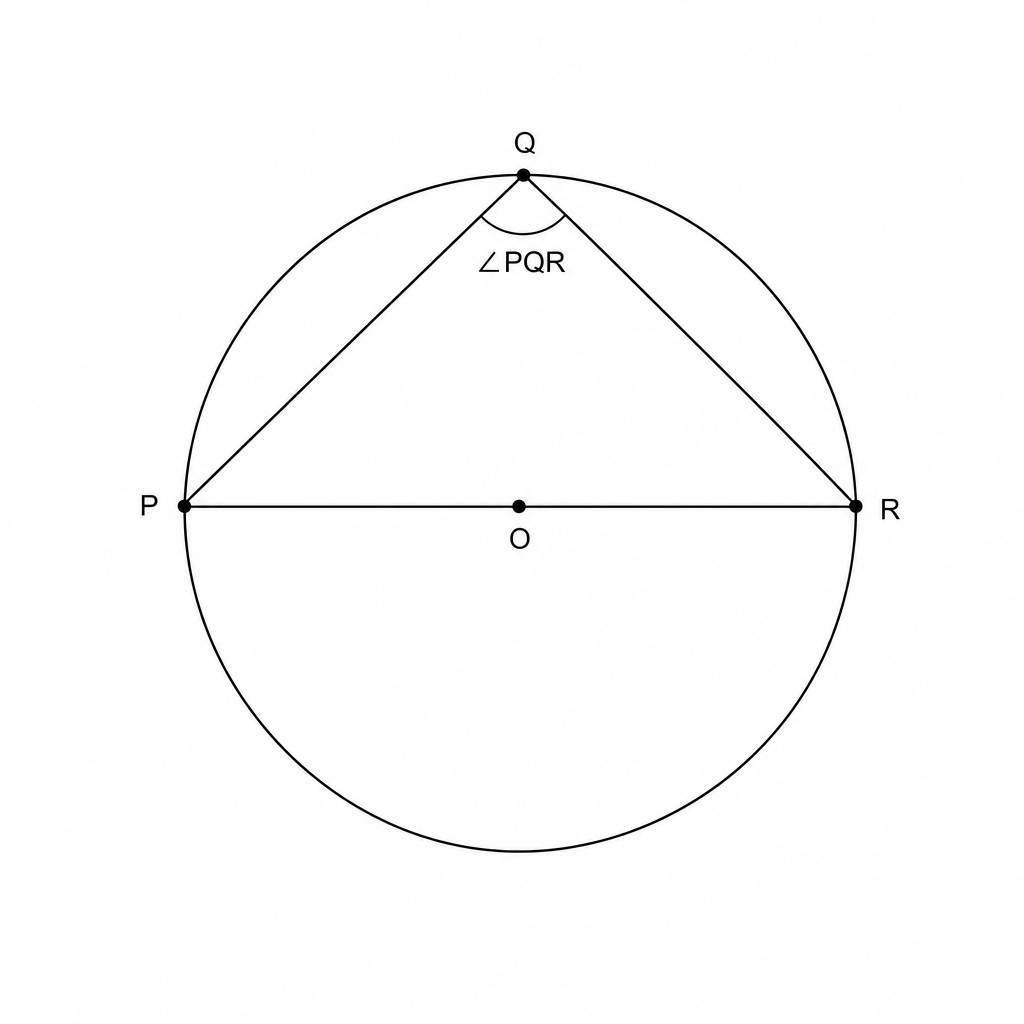 A circle with center O. Points P, Q, and R are on the circumference. POR is a diameter, and PQR is an inscribed angle.