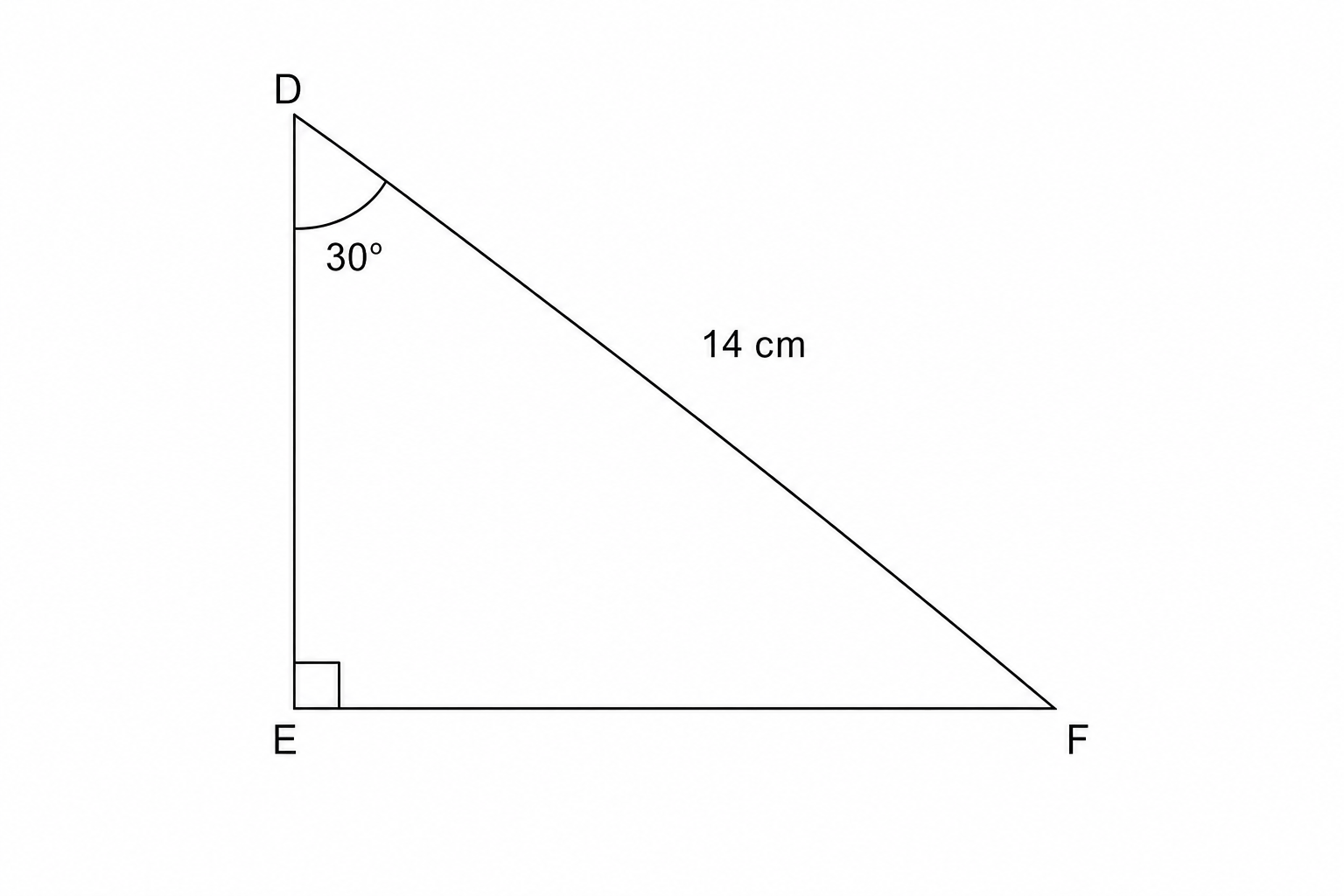 Right-angled triangle DEF with right angle at E, angle D = 30 degrees, and hypotenuse DF = 14 cm.