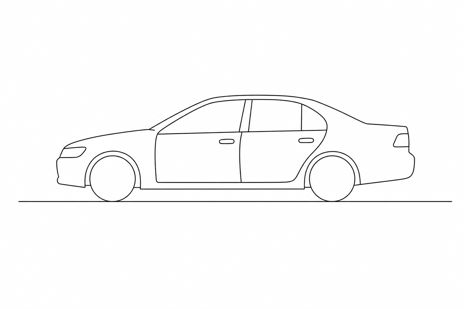 A black silhouette of a sedan car, shown from the side, resting on a horizontal line.