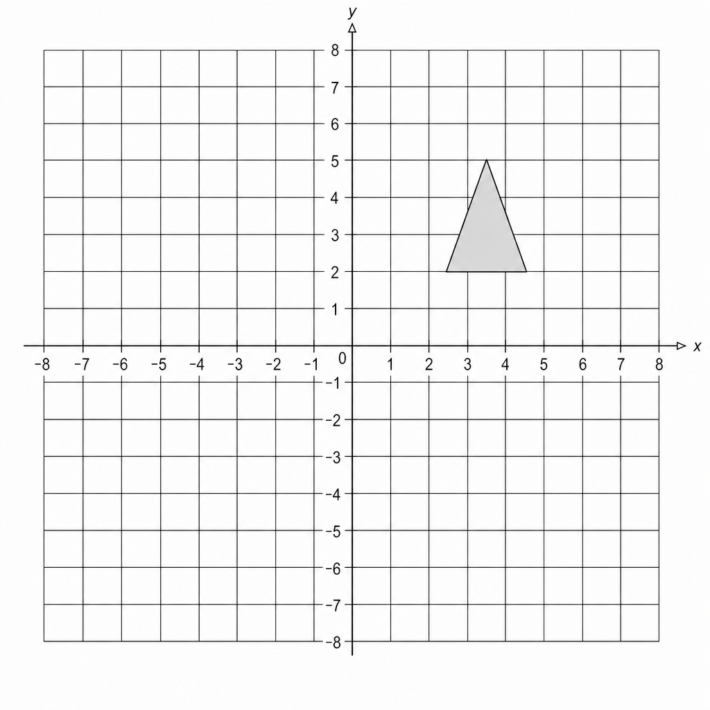 A coordinate grid with x and y axes ranging from -8 to 8. A shaded triangle is plotted with vertices at (2, 2), (4, 2), and (3, 5).