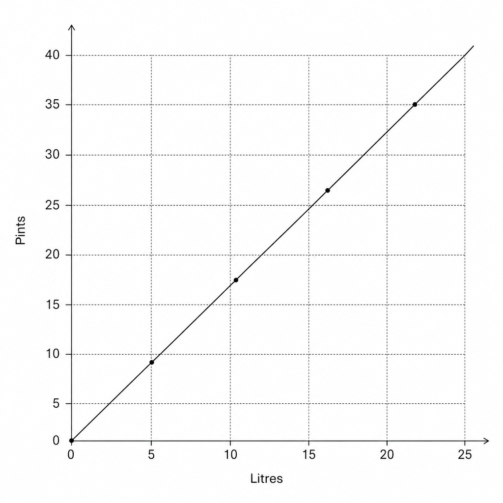 A line graph showing the conversion between litres and pints.