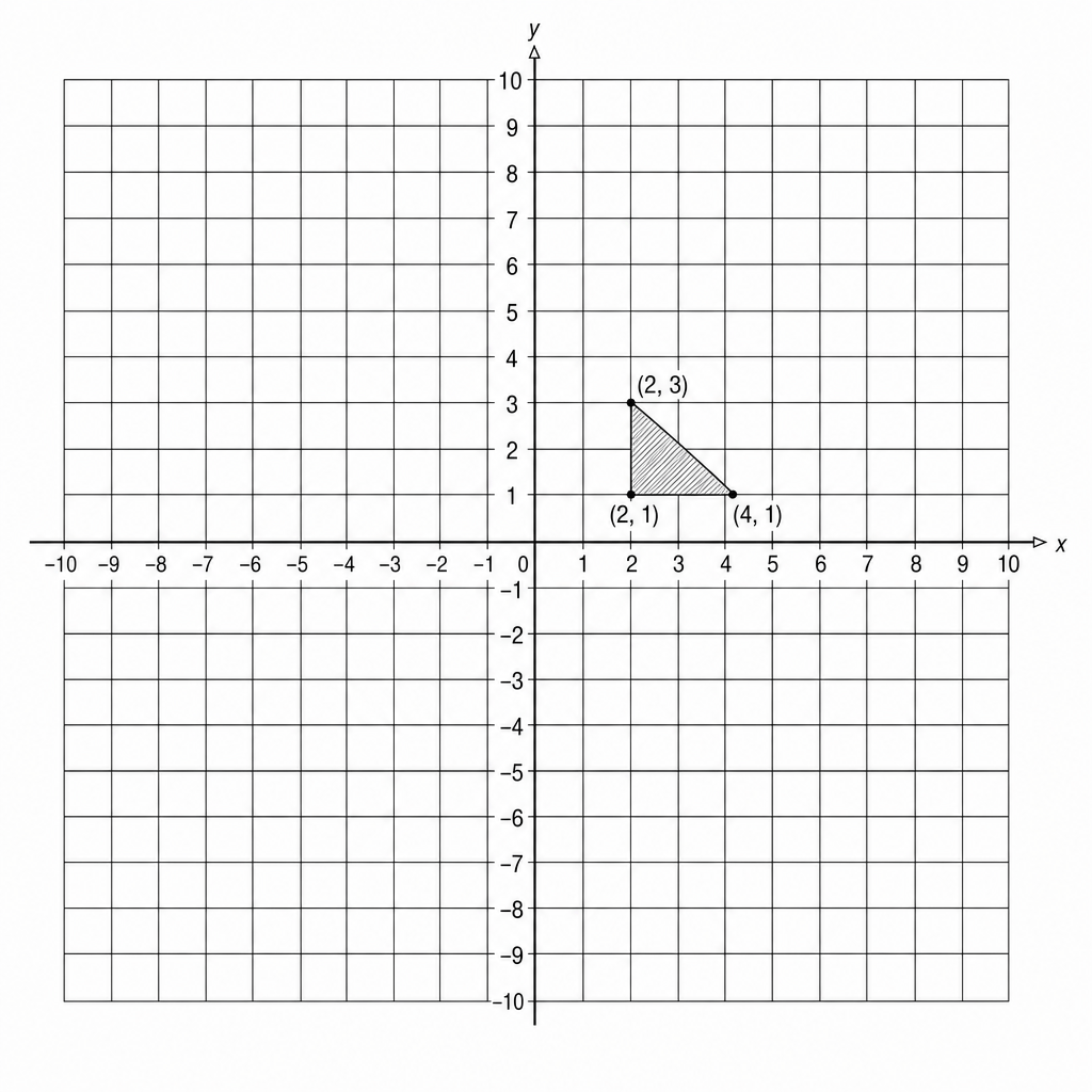 A coordinate grid with x and y axes ranging from -10 to 10. A shaded triangle is plotted with vertices at (2, 1), (2, 3), and (4, 1).