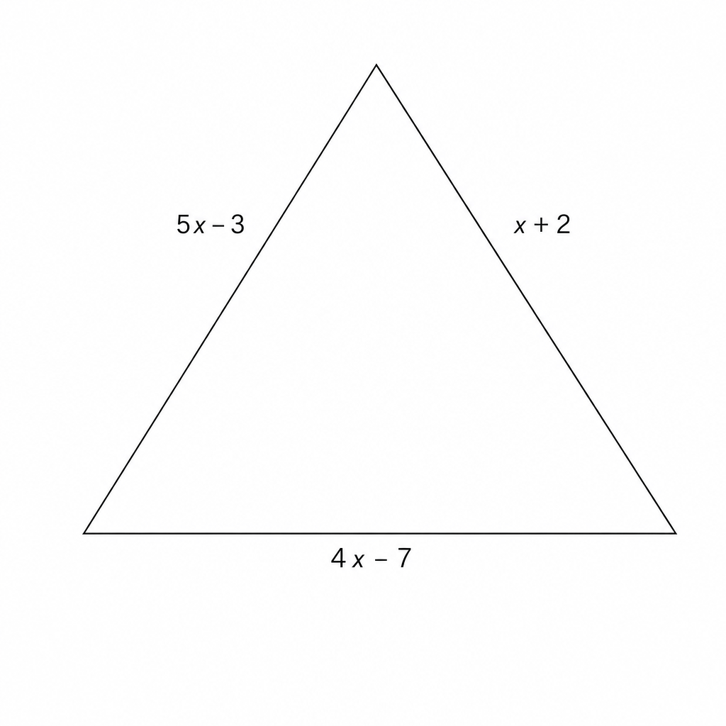 A triangle with side lengths labeled as 5x - 3, x + 2, and 4x - 7.