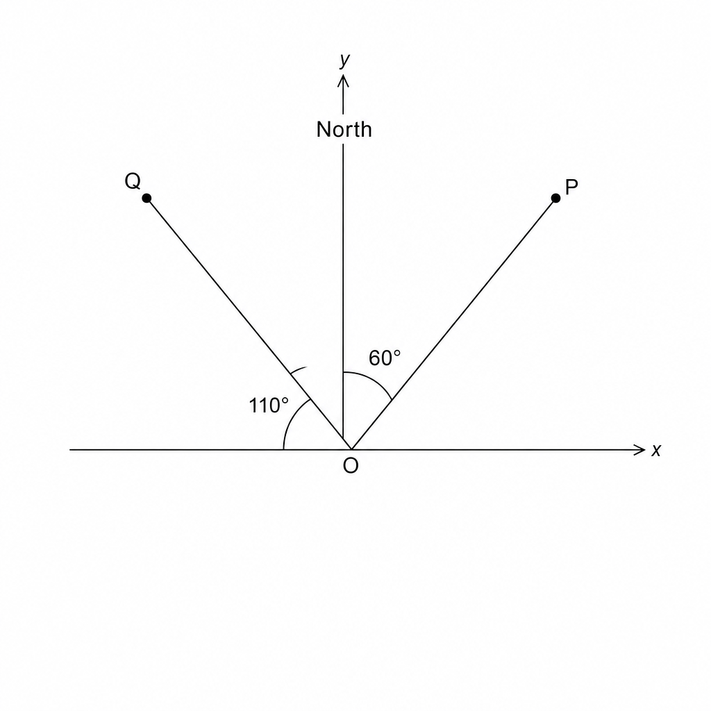 Diagram showing points P and Q relative to North at origin O