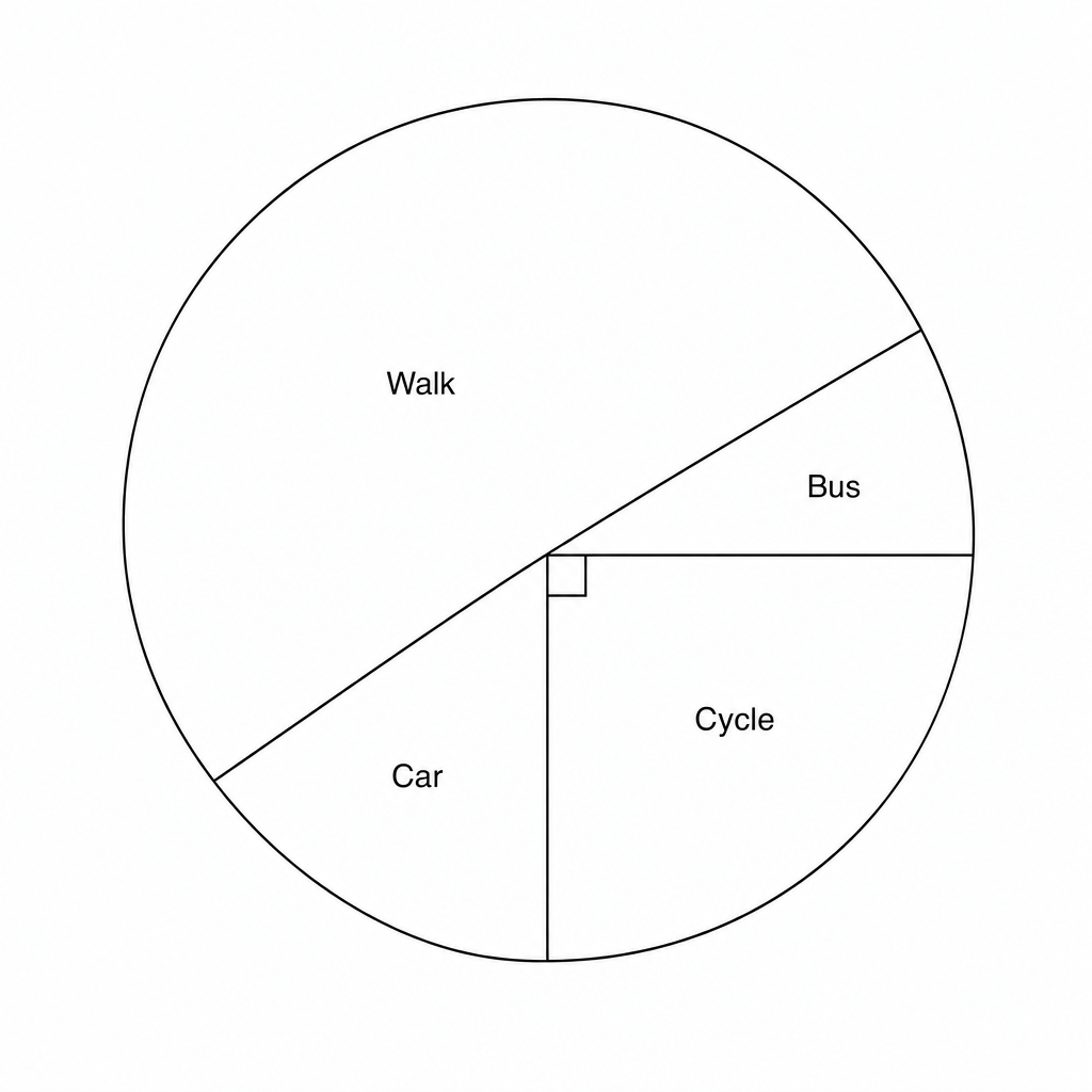 Pie chart showing travel methods: Walk, Bus, Cycle, and Car. Walk is the largest sector and Cycle is a right-angle sector.