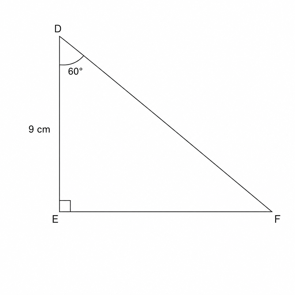 Right-angled triangle DEF with right angle at E, angle D = 60 degrees, and side DE = 9 cm.