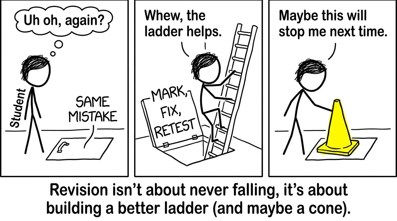 A student escapes the same mistake using a mark, fix and retest ladder