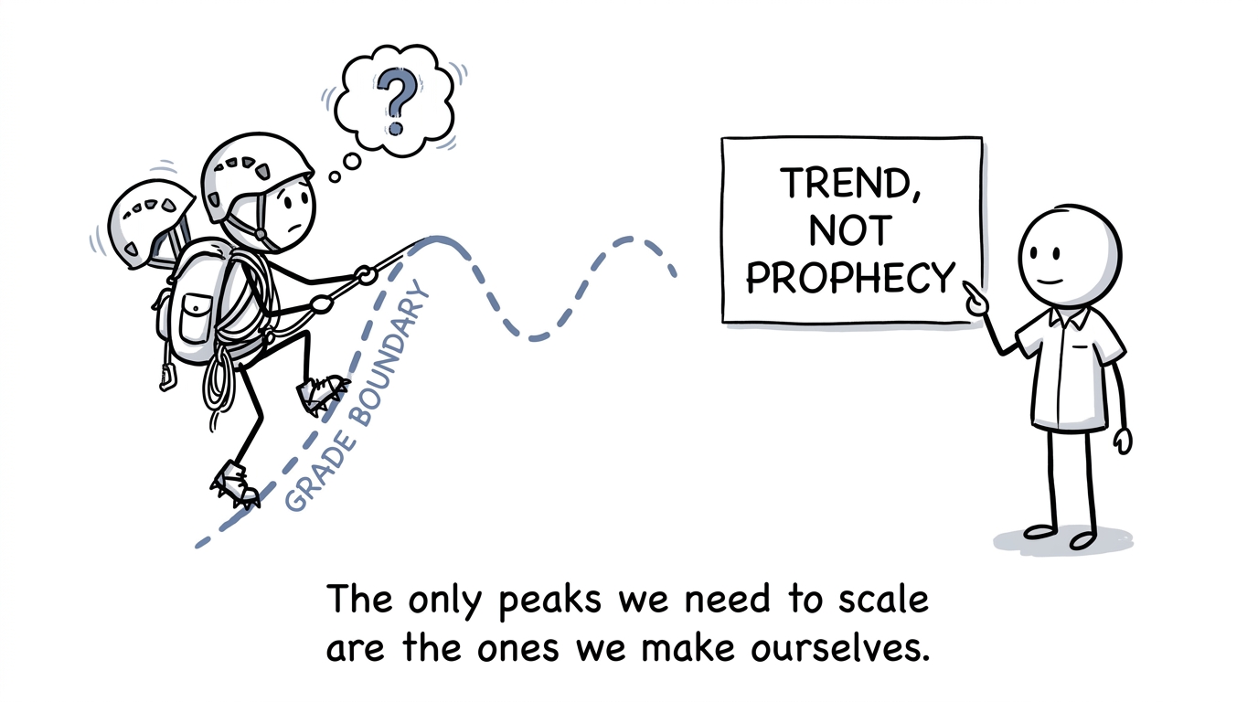 A student treats a small grade-boundary hill like Everest while a teacher recommends looking at the trend