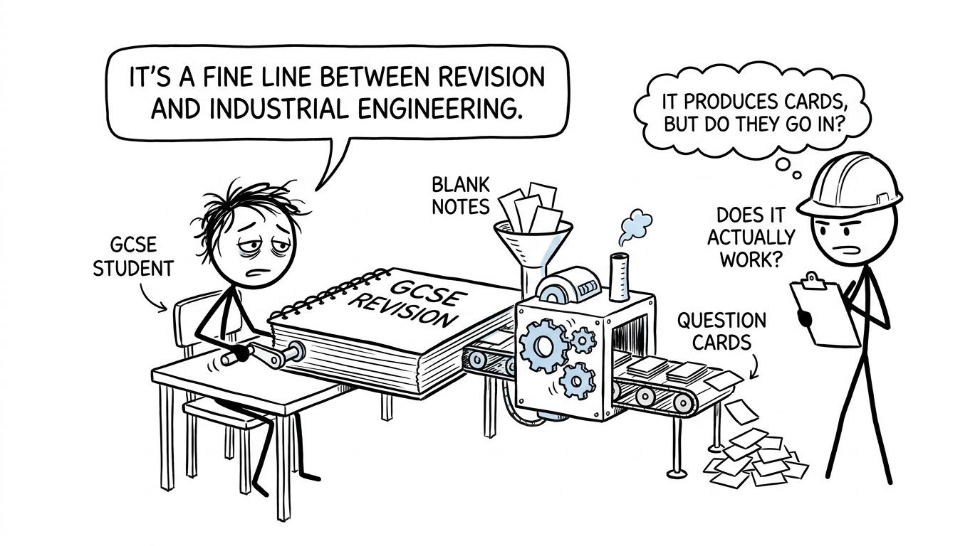 A student turns revision notes into practice questions while an inspector checks whether the machine works