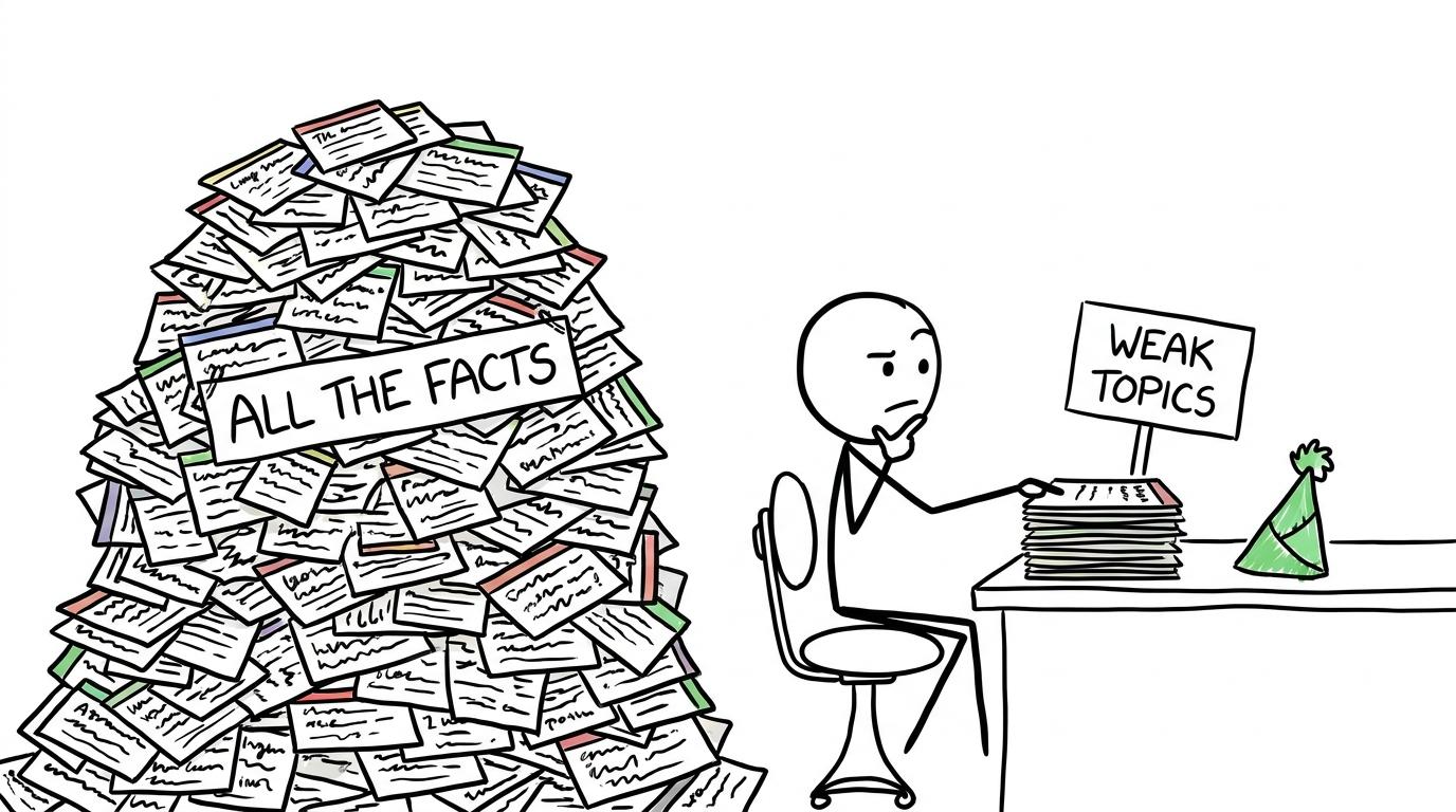 A student chooses a small pile of weak topics instead of every flashcard