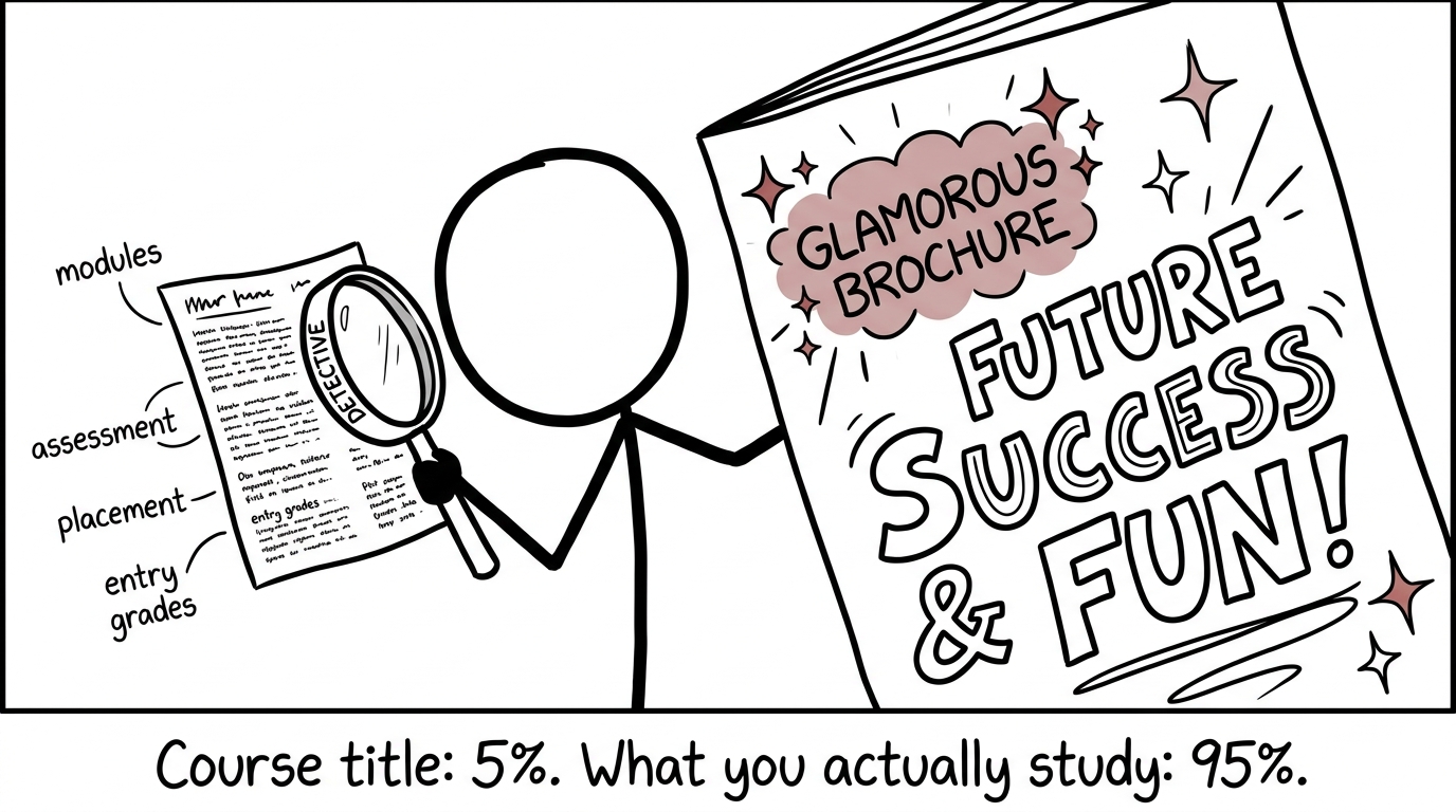 A student investigates university brochures with a magnifying glass