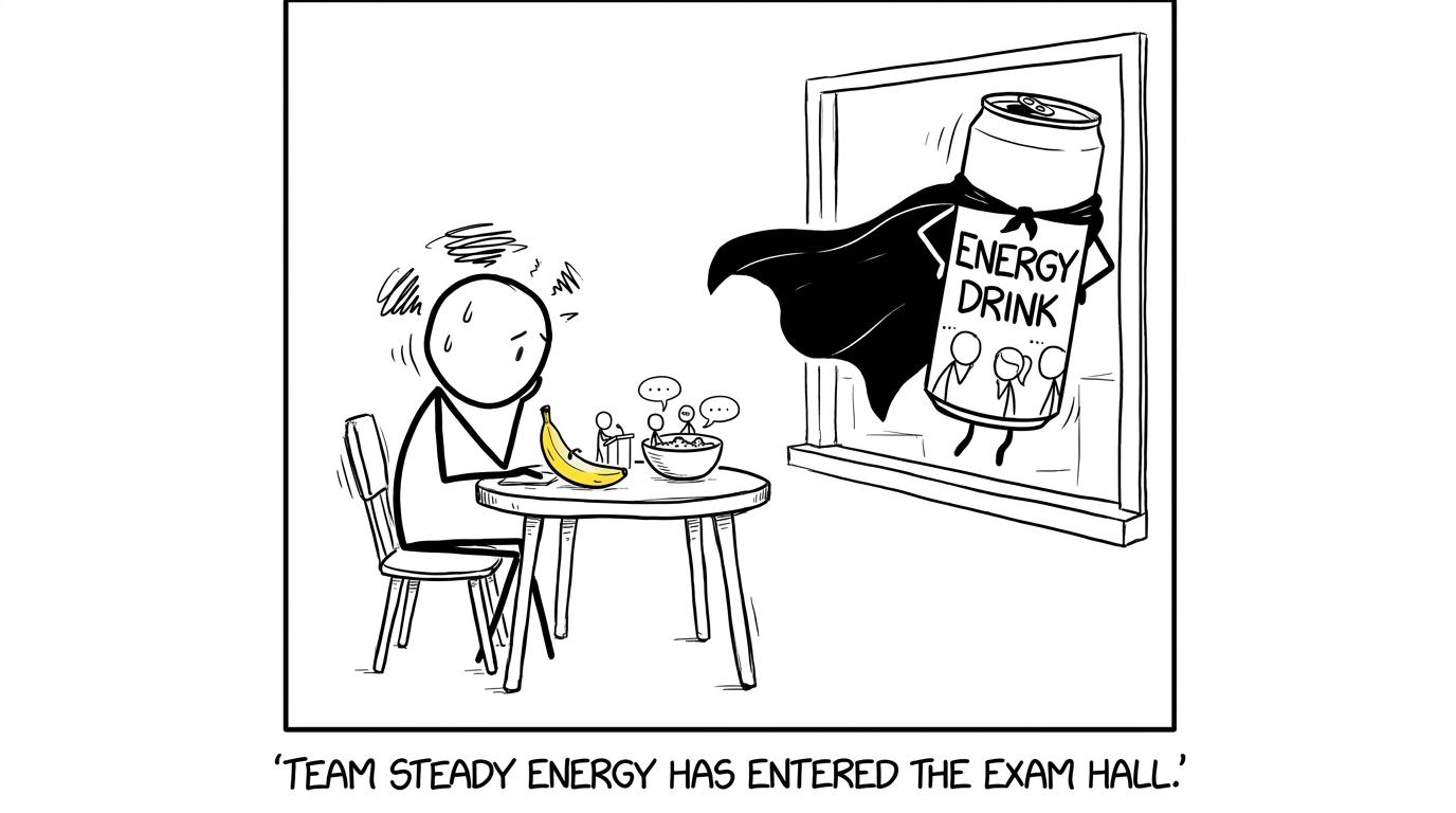 A GCSE student's calm breakfast team politely ignores a villainous energy drink
