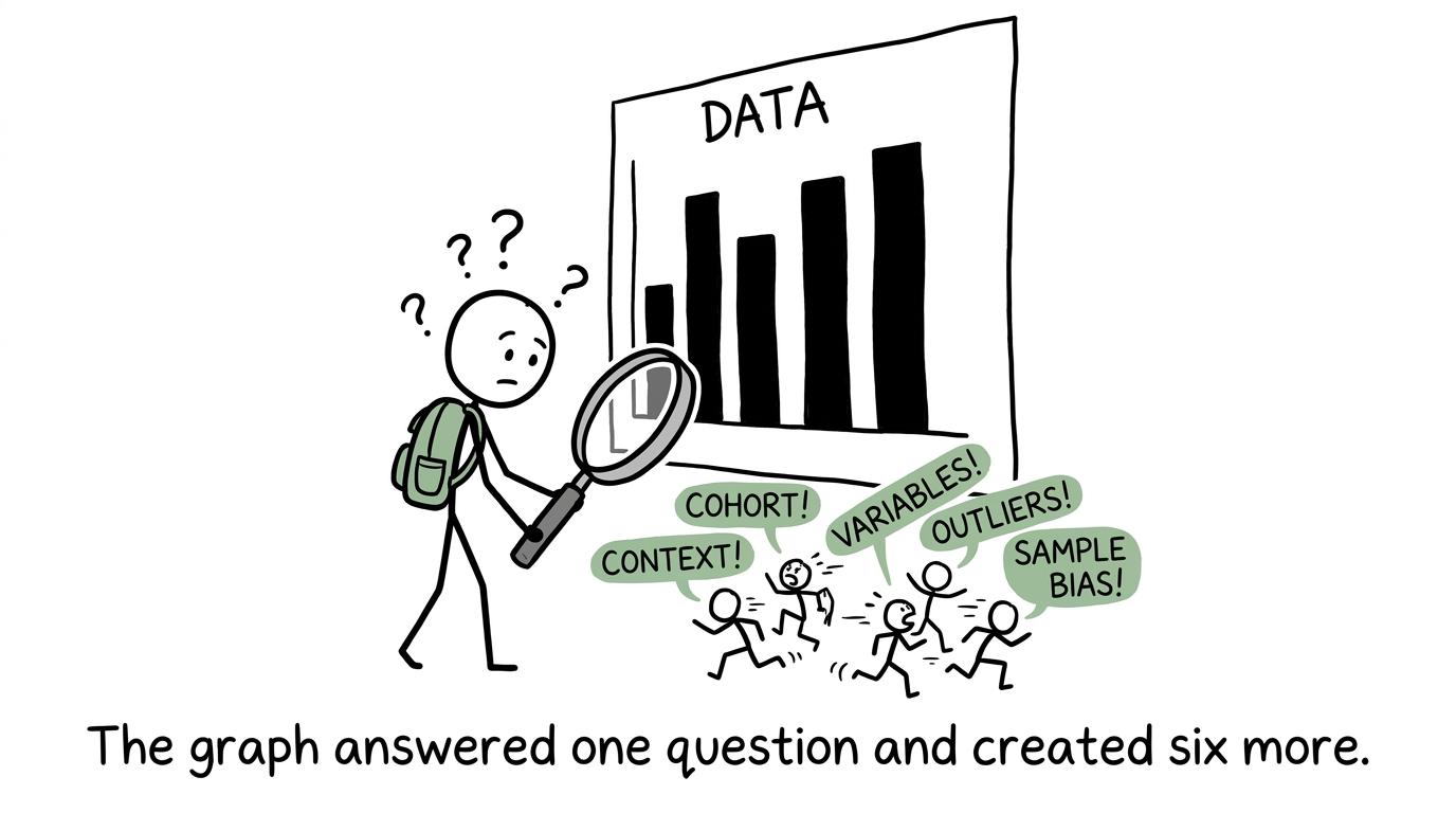 A student studies a bar chart while the missing context escapes from the graph
