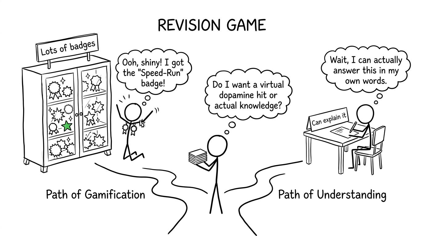 A revision gamer chooses between collecting more badges and reaching the calmer goal of being able to explain the answer