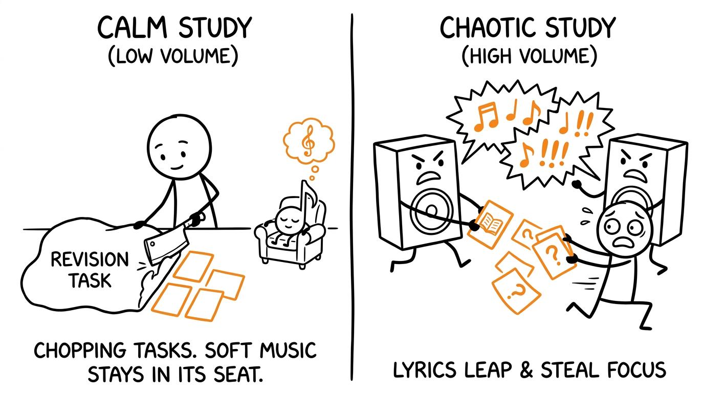 Quiet instrumental music sits politely while loud lyrics escape with the revision flashcards