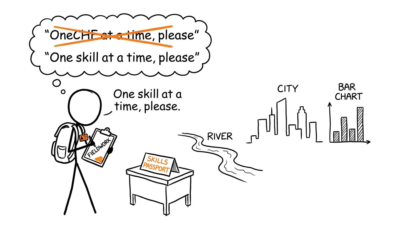 A river, city and chart wait politely while a student handles one geography skill at a time