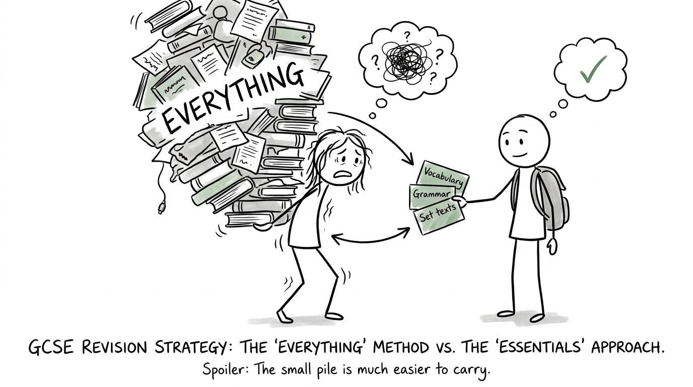A student replaces an enormous pile called everything with three manageable revision priorities
