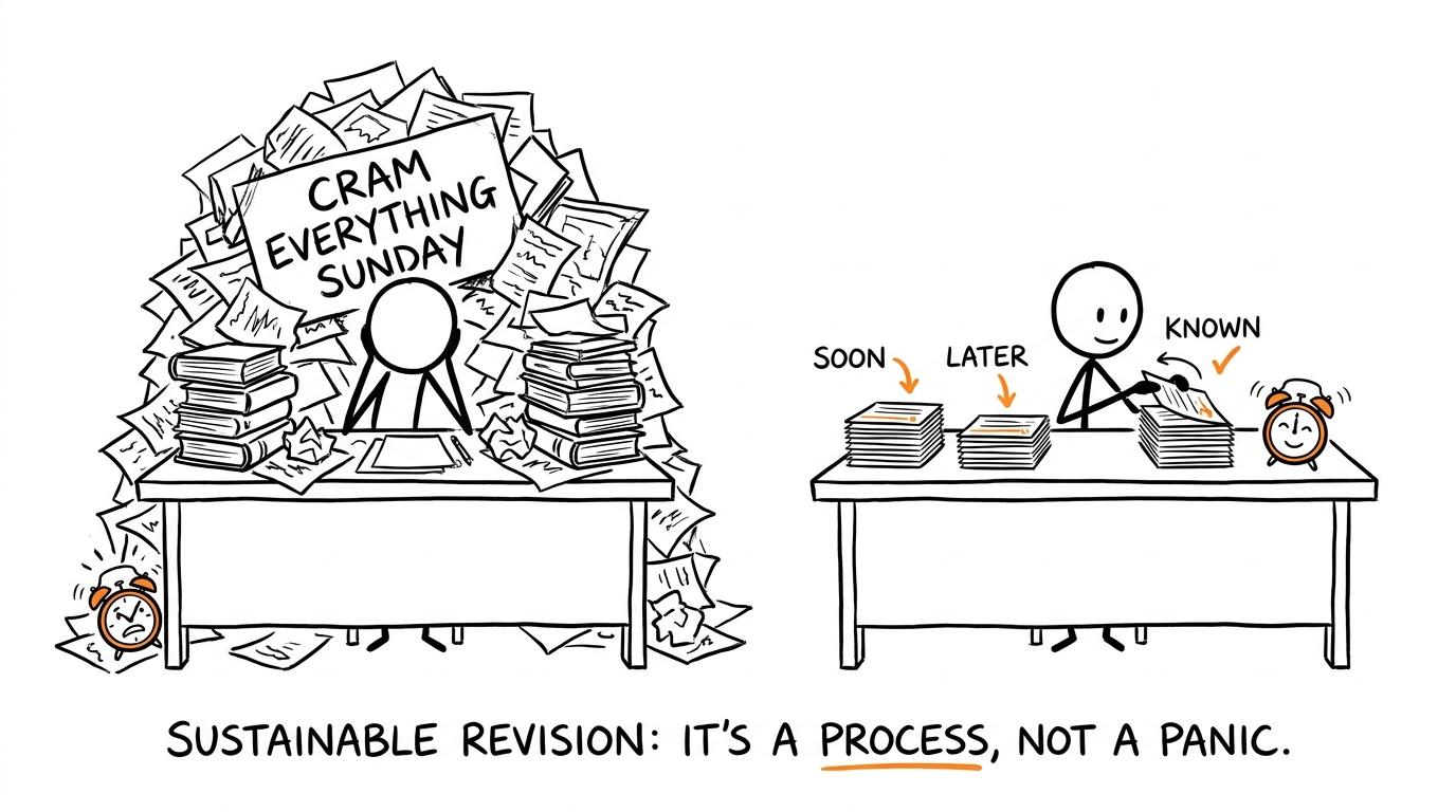 One student is buried under a cramming mountain while another calmly rotates three small card piles