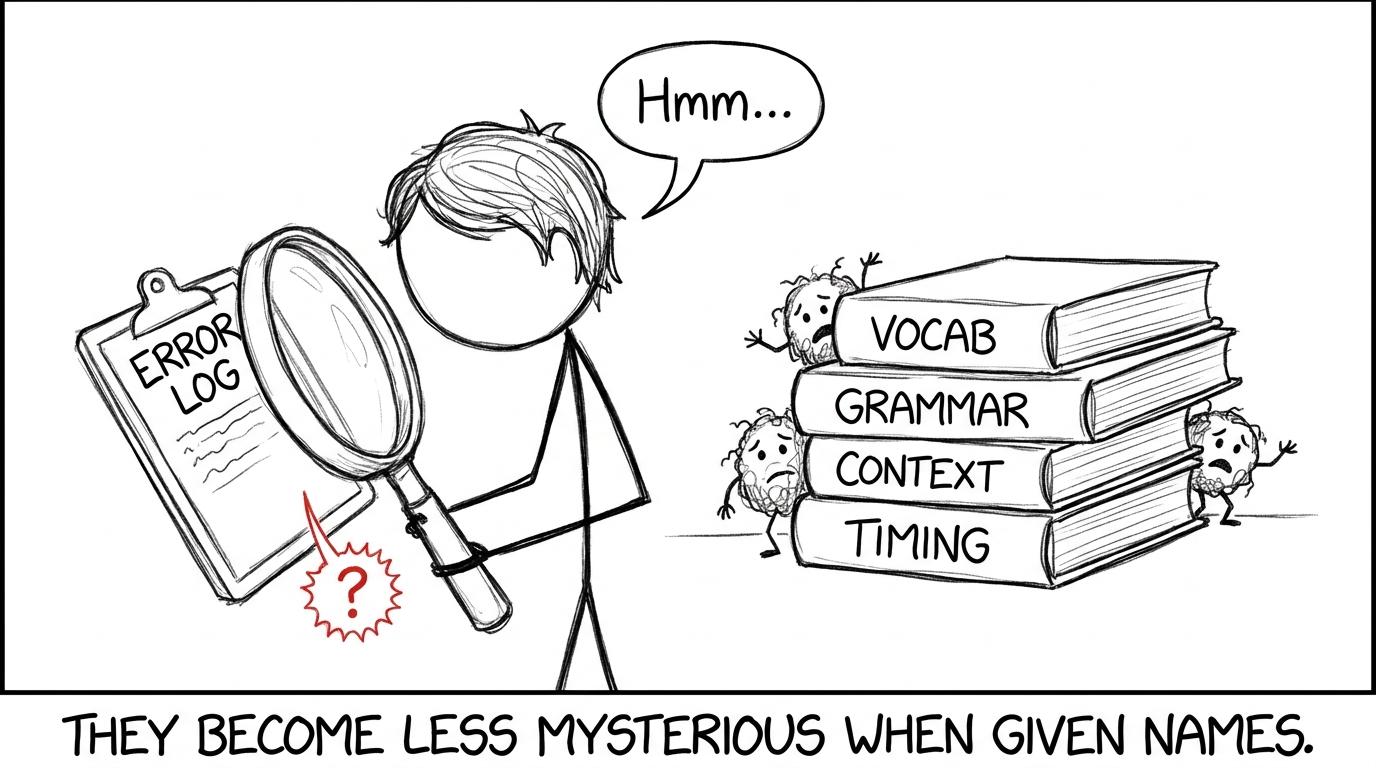 A student searching for named mistakes hiding behind revision books