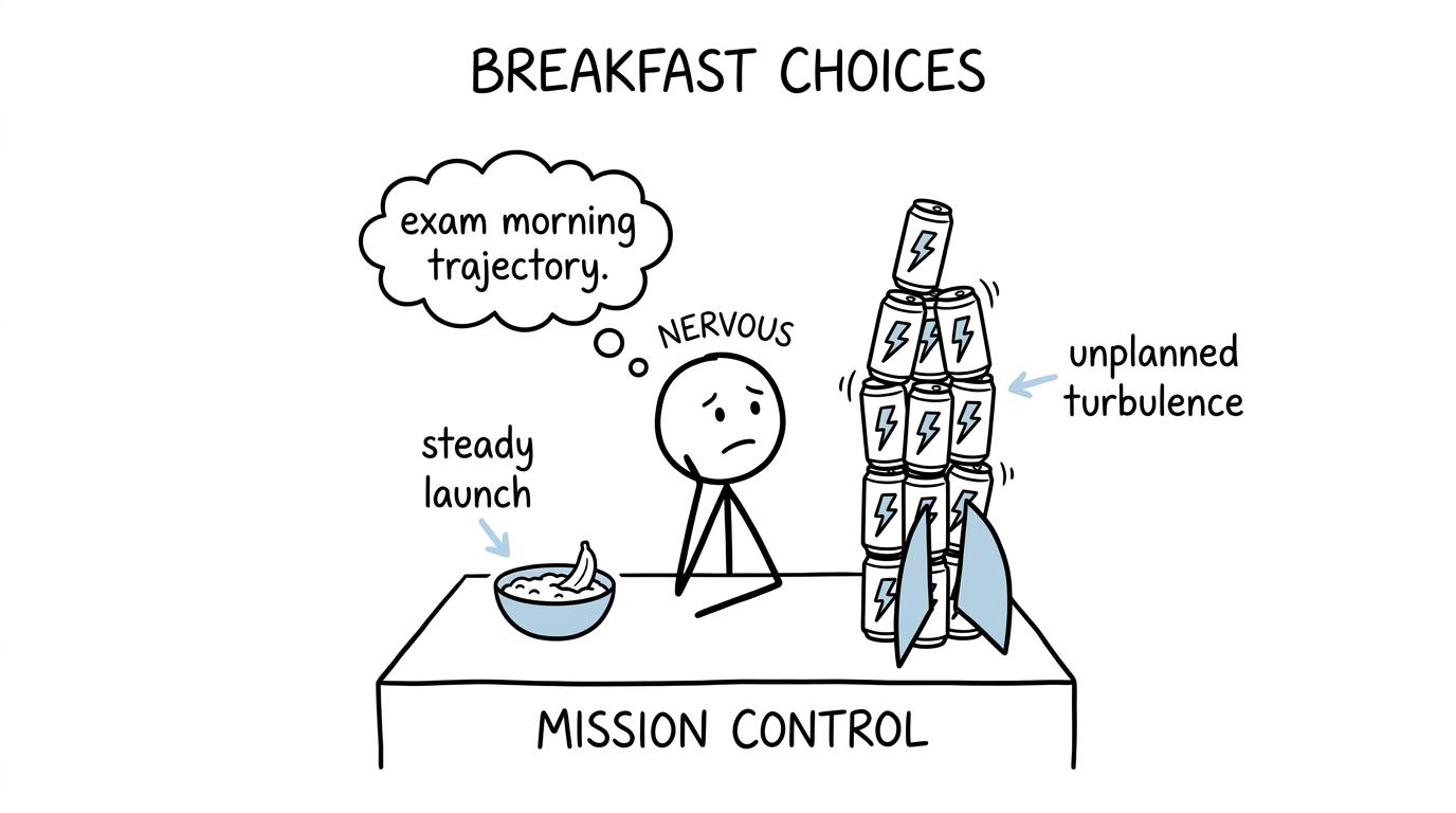 A GCSE student choosing between a steady breakfast launch and an energy drink rocket