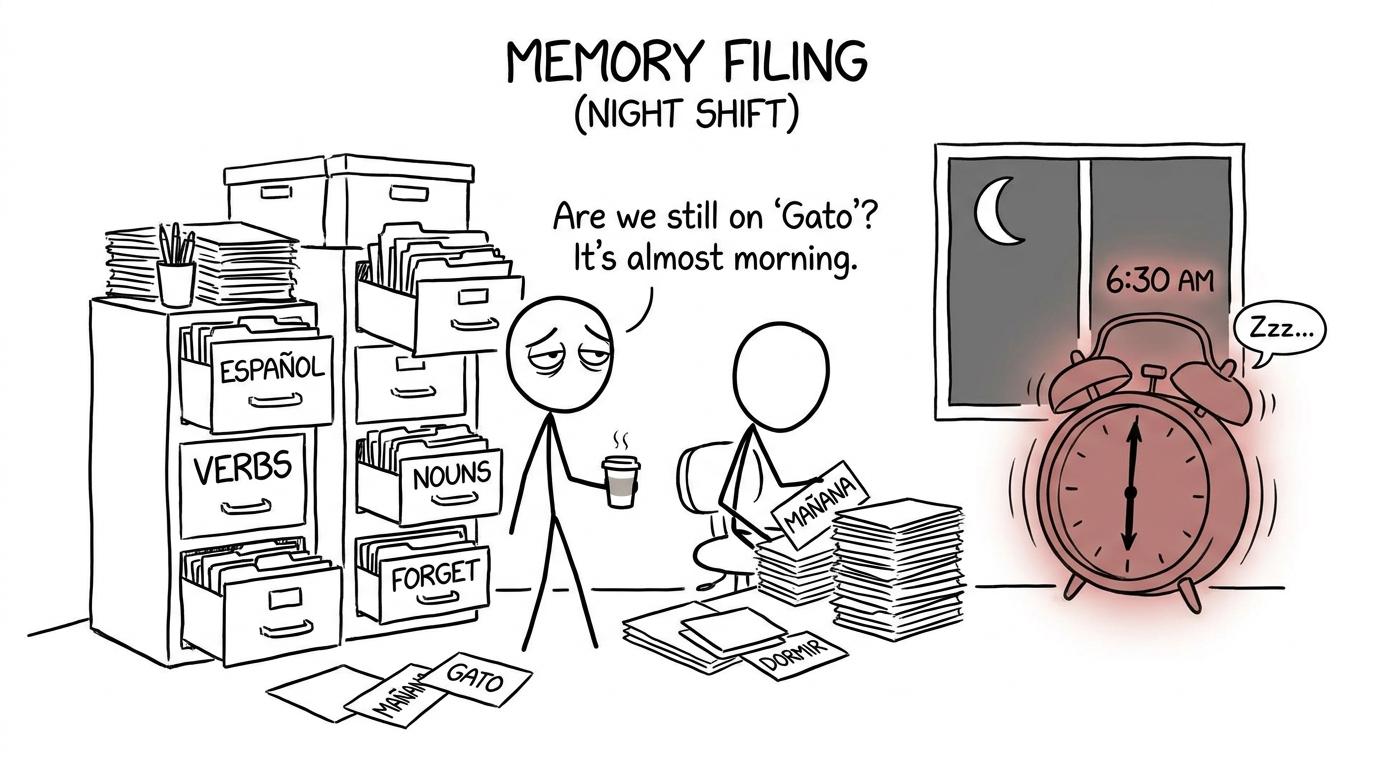 Night-shift memory clerks file Spanish words while the student sleeps