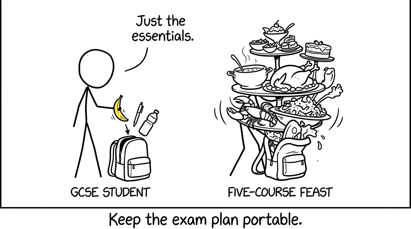 A sensible banana fits into an exam bag while a five-course feast does not