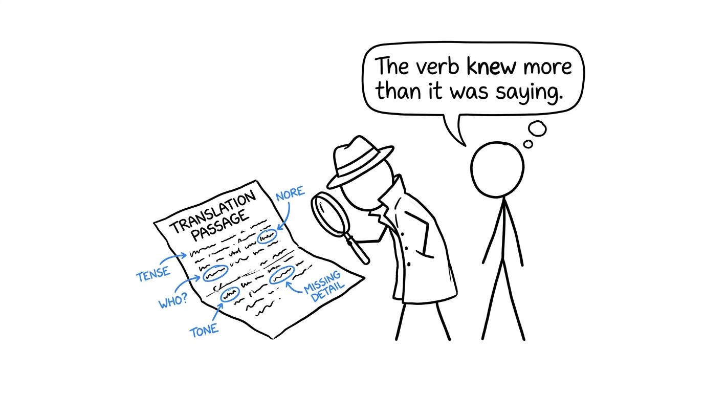 A student detective searches a passage for tense, tone and missing details