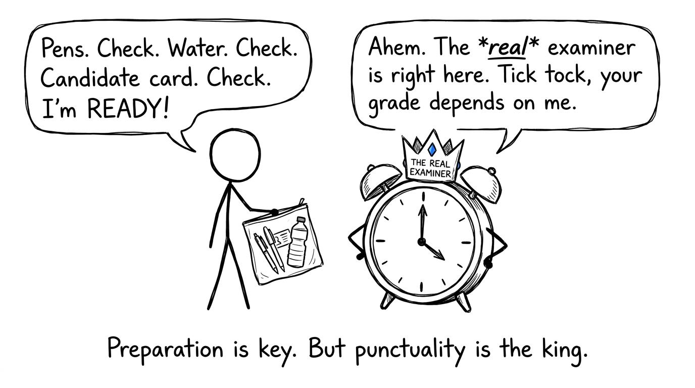 A student discovers that the alarm clock is the real examiner