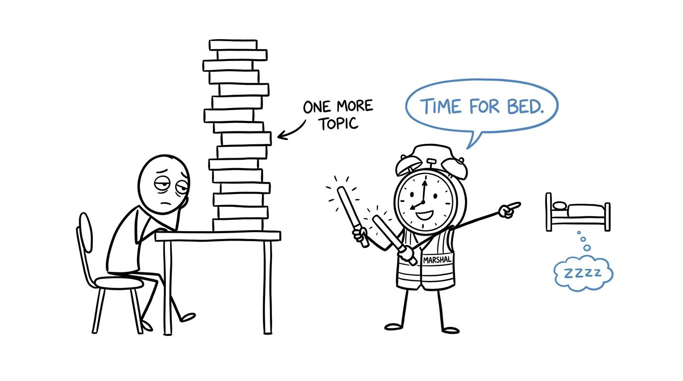 A tired student is directed away from one more topic and towards bed