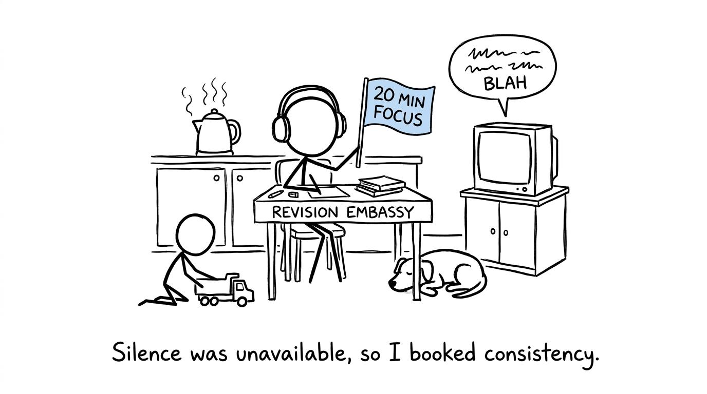 A student calmly creates a short focus period amid household noise
