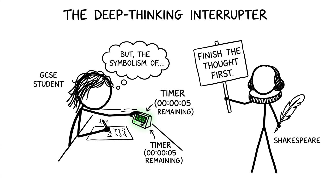 A timer tries to interrupt an essay while Shakespeare asks it to wait