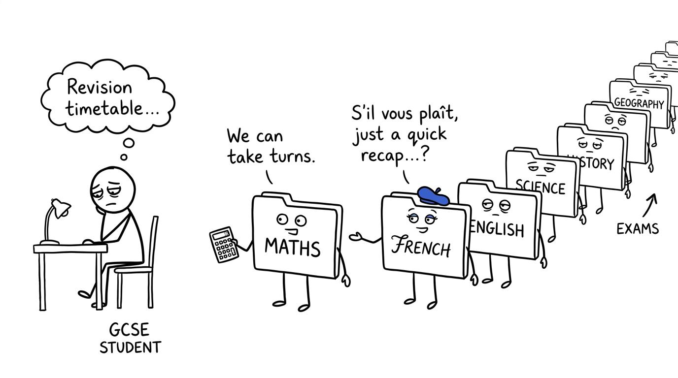 A student negotiates the revision queue with French and maths