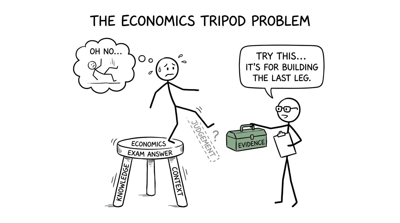 An economics answer represented by a three-legged stool of knowledge, context and judgement