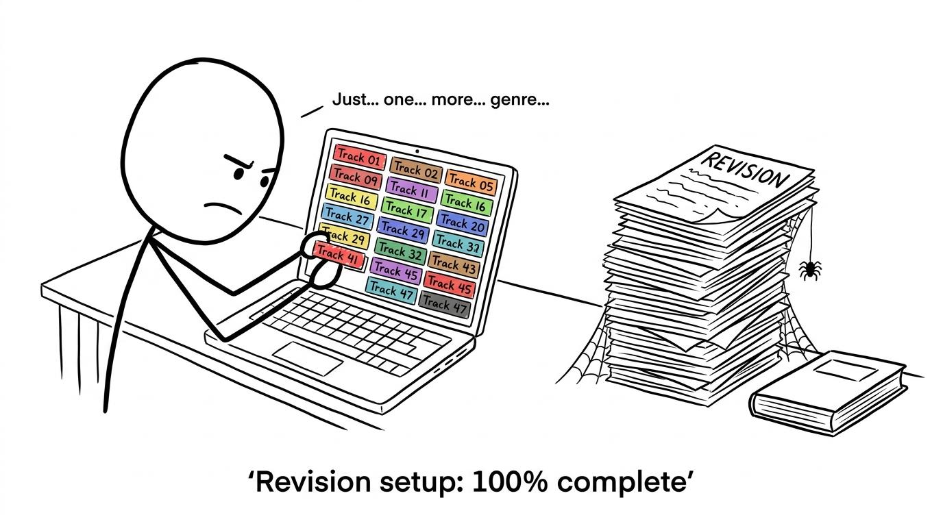 A student perfects a colour-coded playlist while untouched revision papers gather cobwebs