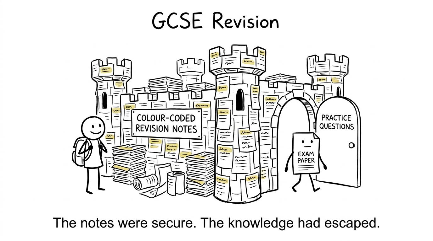 Beautiful revision notes form a fortress while the knowledge escapes towards practice questions