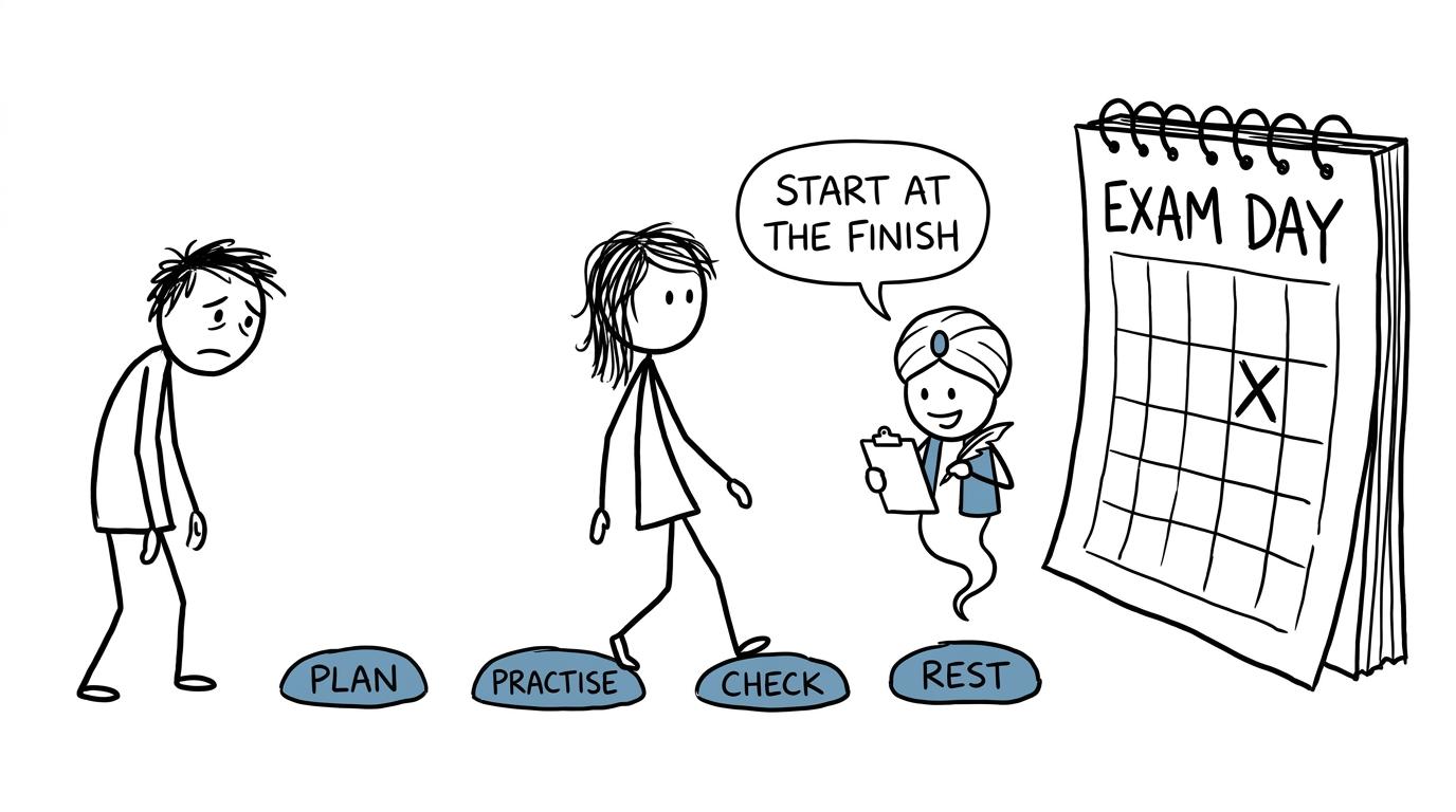 A student working backwards from exam day with a calm revision plan
