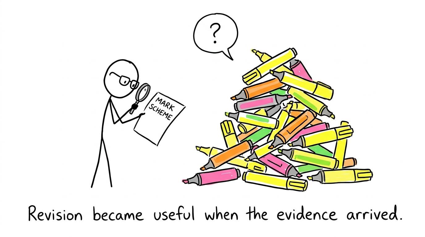 A student chooses evidence from a mark scheme over decorative highlighting