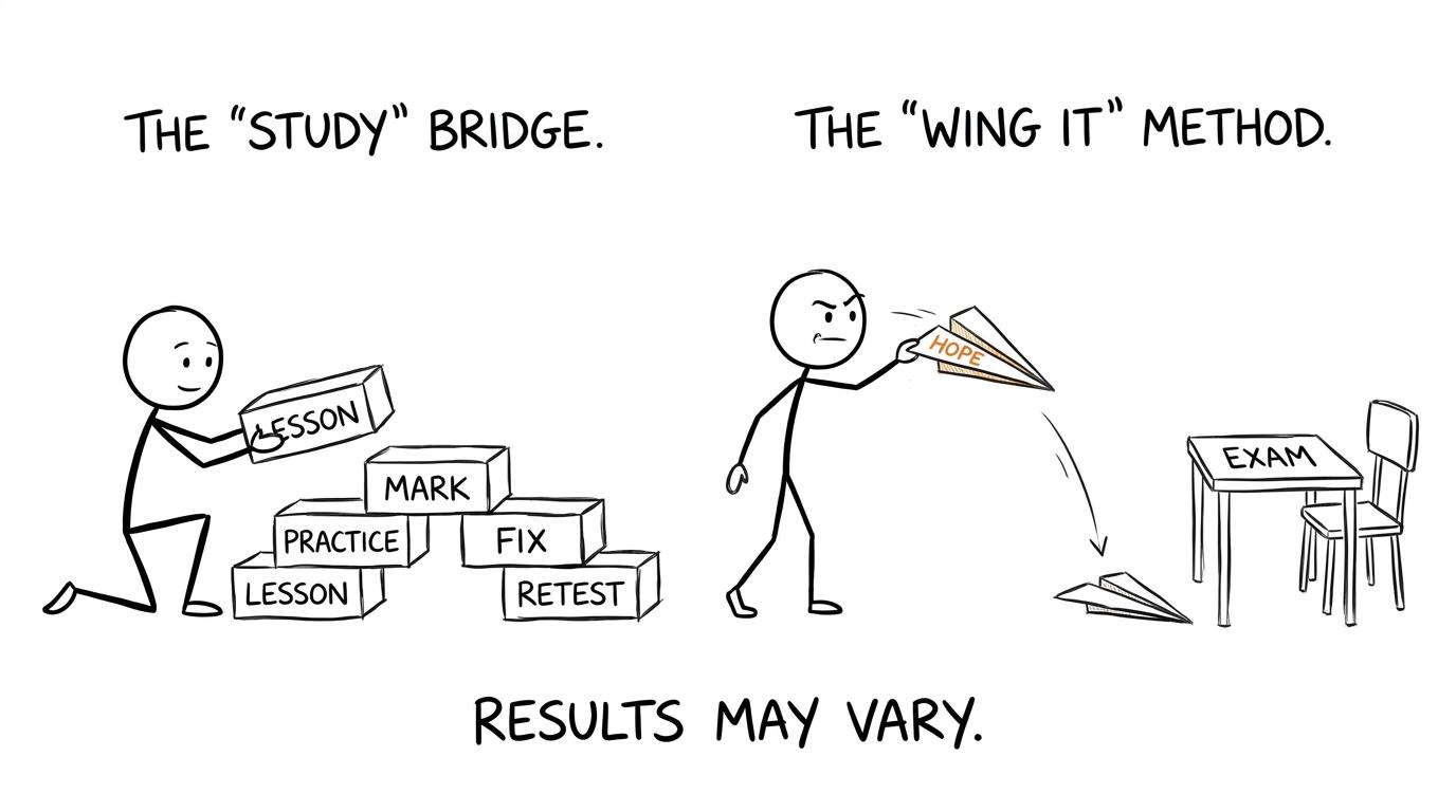 One student builds a revision bridge while another relies on a paper aeroplane labelled hope