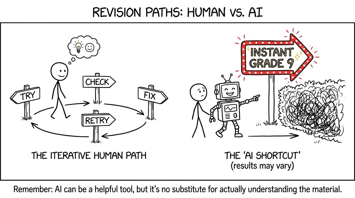 One student follows a Try, Check, Fix and Retry path while another follows an AI towards an Instant Grade 9 hedge
