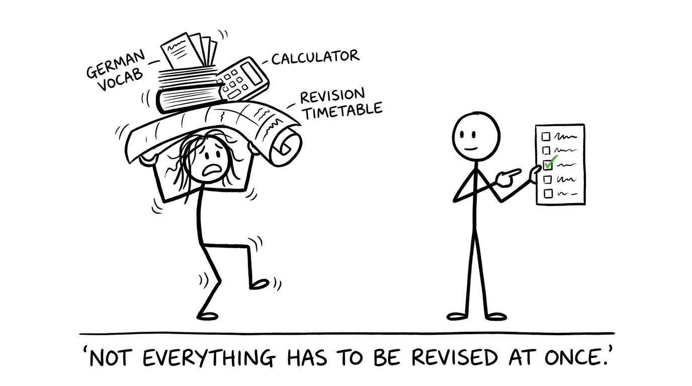 A student balancing German vocabulary, a calculator and a revision timetable