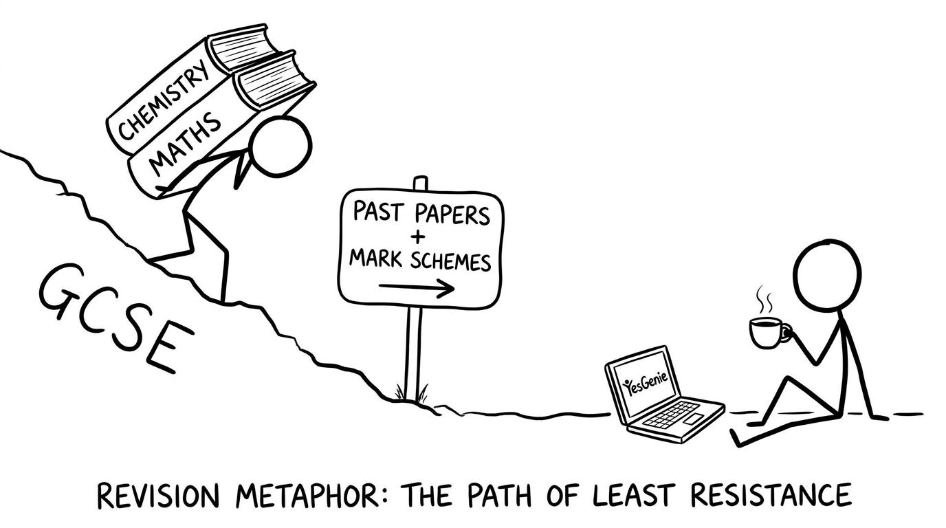 Two textbooks up a hill with a signpost to past papers
