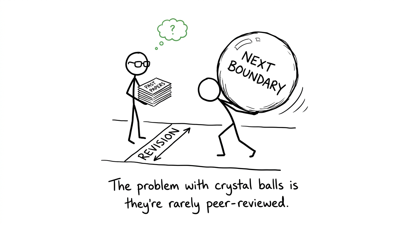 One student carries past papers while another loses control of a giant boundary-predicting crystal ball